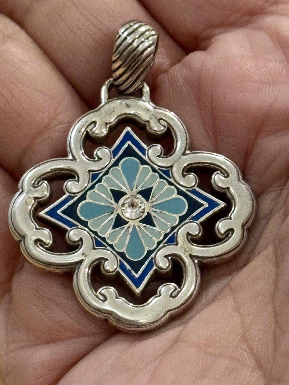BRIGHTON Bella Capri Reversible Blue Enamel Mosaic Clover Silver Tone Pendant 2”